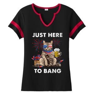 Just Here To Bang USA Flag Funny Beer 4th Of July Cat Love Ladies Halftime Notch Neck Tee