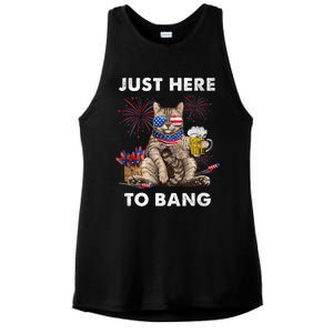 Just Here To Bang USA Flag Funny Beer 4th Of July Cat Love Ladies PosiCharge Tri-Blend Wicking Tank