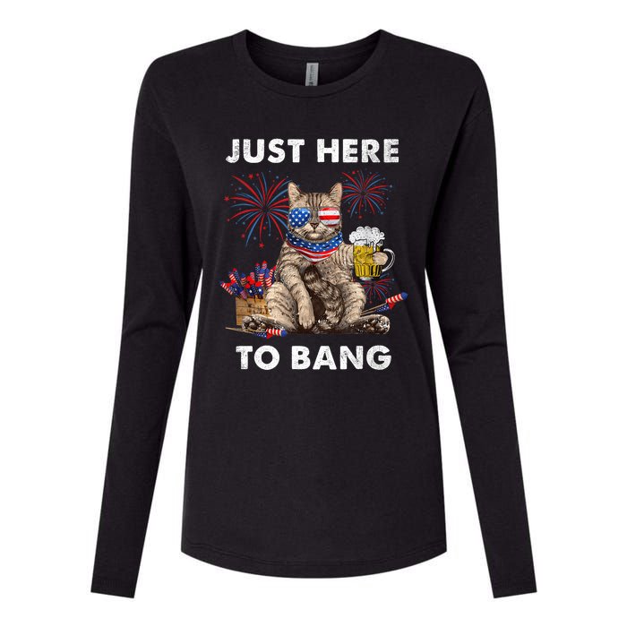 Just Here To Bang USA Flag Funny Beer 4th Of July Cat Love Womens Cotton Relaxed Long Sleeve T-Shirt