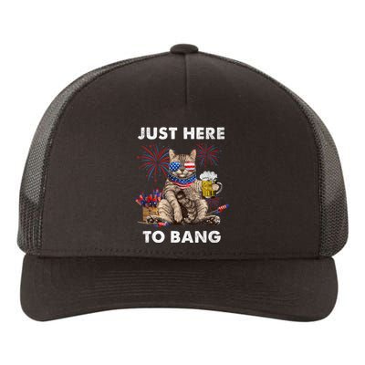 Just Here To Bang USA Flag Funny Beer 4th Of July Cat Love Yupoong Adult 5-Panel Trucker Hat