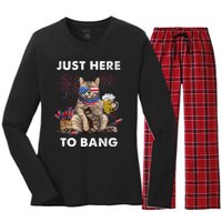 Just Here To Bang USA Flag Funny Beer 4th Of July Cat Love Women's Long Sleeve Flannel Pajama Set 