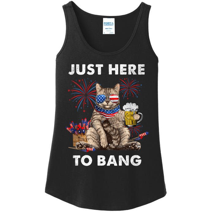 Just Here To Bang USA Flag Funny Beer 4th Of July Cat Love Ladies Essential Tank