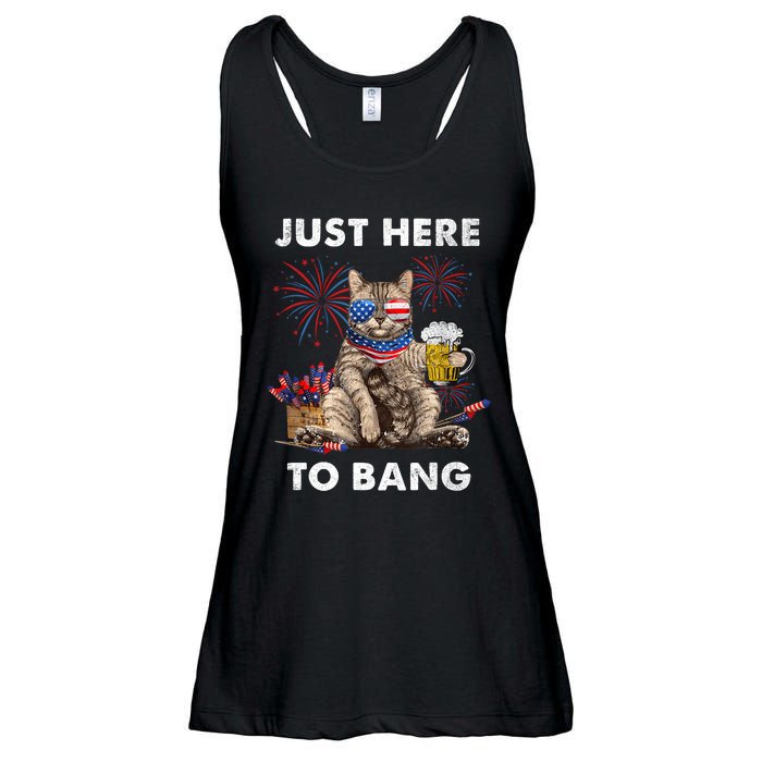 Just Here To Bang USA Flag Funny Beer 4th Of July Cat Love Ladies Essential Flowy Tank