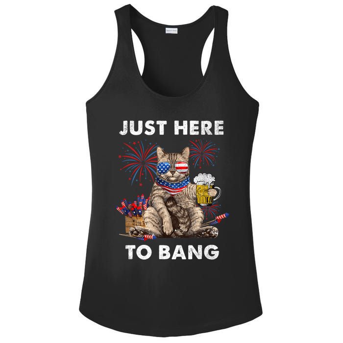 Just Here To Bang USA Flag Funny Beer 4th Of July Cat Love Ladies PosiCharge Competitor Racerback Tank