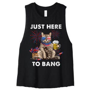 Just Here To Bang USA Flag Funny Beer 4th Of July Cat Love Women's Racerback Cropped Tank