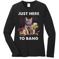 Just Here To Bang USA Flag Funny Beer 4th Of July Cat Love Ladies Long Sleeve Shirt