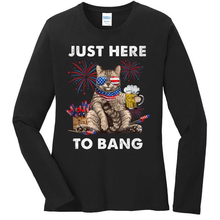 Just Here To Bang USA Flag Funny Beer 4th Of July Cat Love Ladies Long Sleeve Shirt