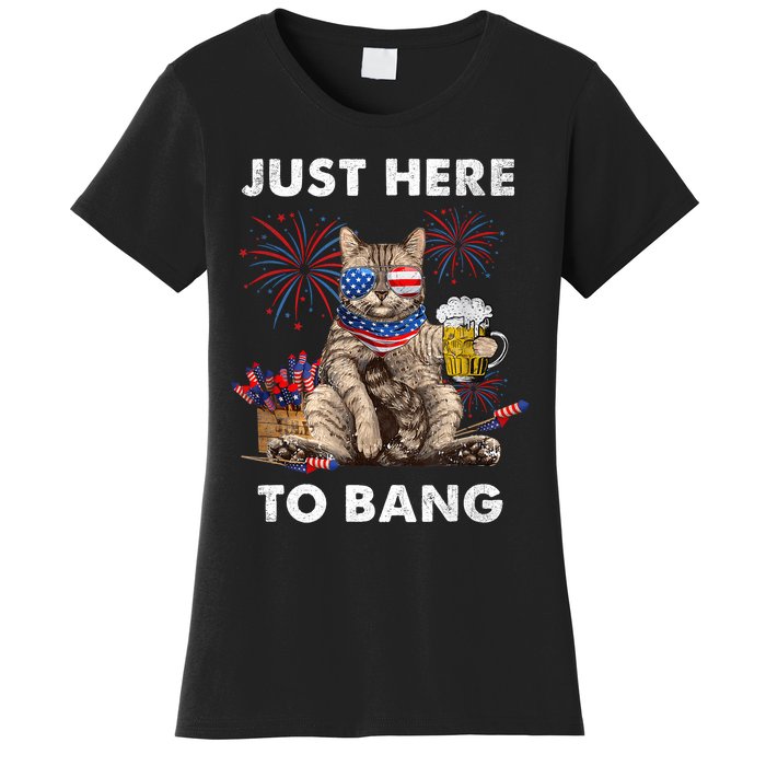 Just Here To Bang USA Flag Funny Beer 4th Of July Cat Love Women's T-Shirt