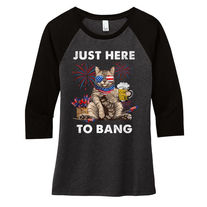 Just Here To Bang USA Flag Funny Beer 4th Of July Cat Love Women's Tri-Blend 3/4-Sleeve Raglan Shirt