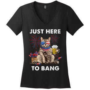 Just Here To Bang USA Flag Funny Beer 4th Of July Cat Love Women's V-Neck T-Shirt