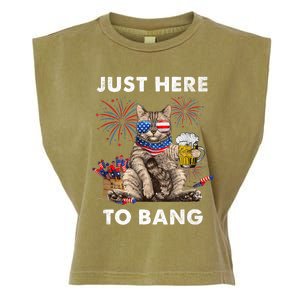 Just Here To Bang USA Flag Funny Beer 4th Of July Cat Love Garment-Dyed Women's Muscle Tee