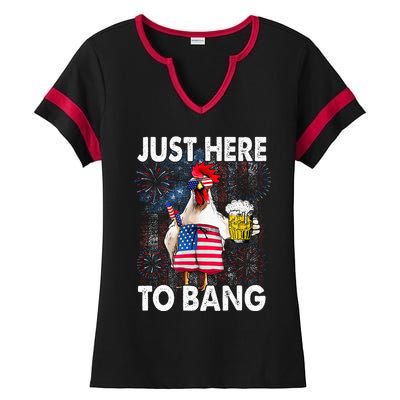 Just Here To Bang Chicken 4th Of July US Flag Firecrackers Ladies Halftime Notch Neck Tee