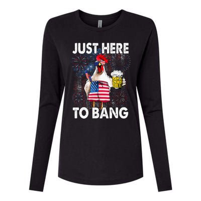 Just Here To Bang Chicken 4th Of July US Flag Firecrackers Womens Cotton Relaxed Long Sleeve T-Shirt