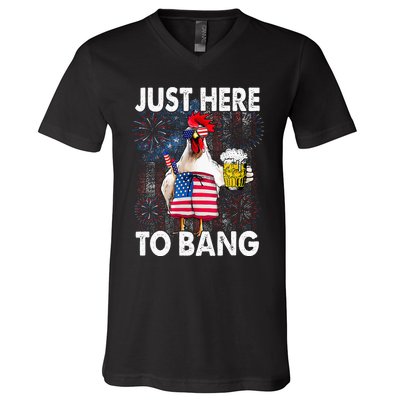 Just Here To Bang Chicken 4th Of July US Flag Firecrackers V-Neck T-Shirt