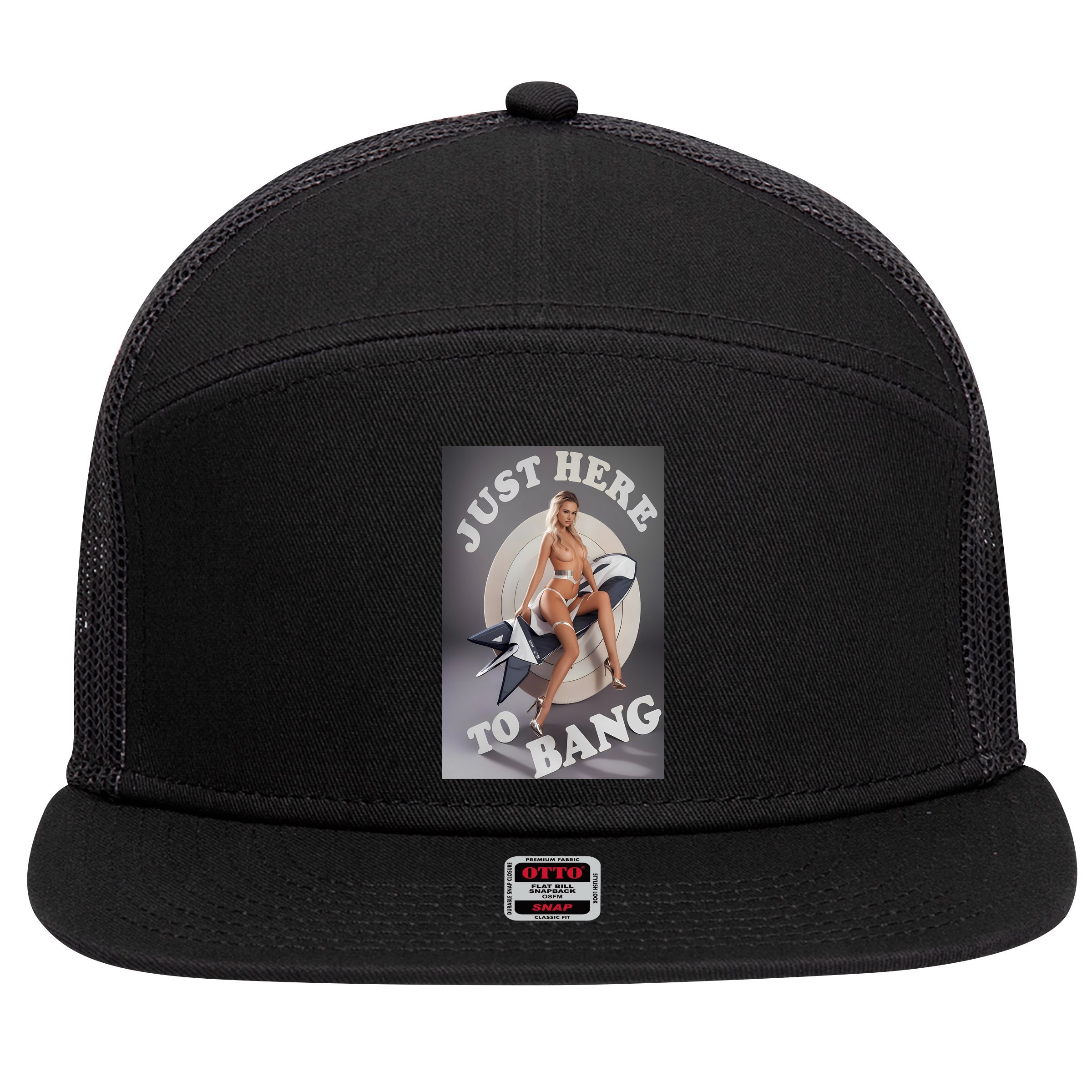 Just Here To Bang | Pin Up Girl 7 Panel Mesh Trucker Snapback Hat
