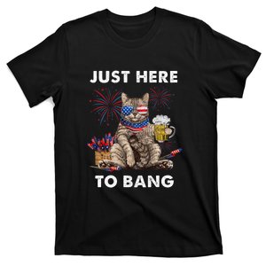 Just Here To Bang Usa Flag Funny Beer 4th Of July Cat Lover T-Shirt