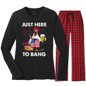 Just Here To Bang USA Flag Funny 4th Of July Chicken Beer Women's Long Sleeve Flannel Pajama Set 