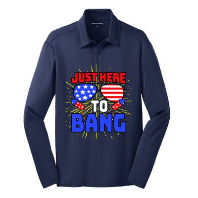 Just Here To Bang Funny 4th Of July USA Merica America Silk Touch Performance Long Sleeve Polo