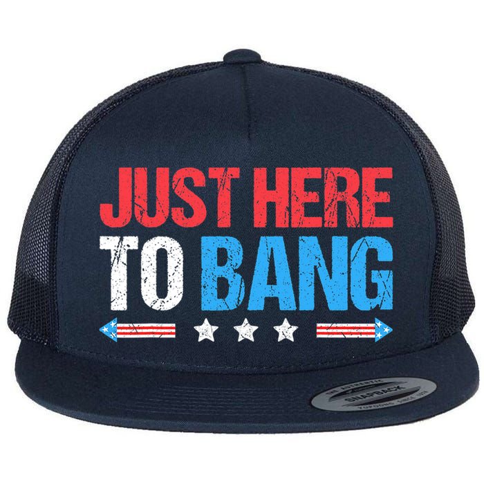 Just Here To Bang Funny Fireworks 4th Of July Flat Bill Trucker Hat