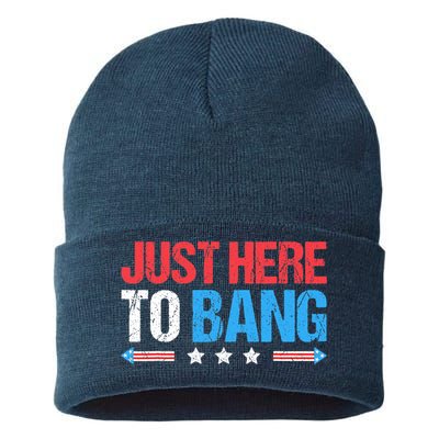 Just Here To Bang Funny Fireworks 4th Of July Sustainable Knit Beanie