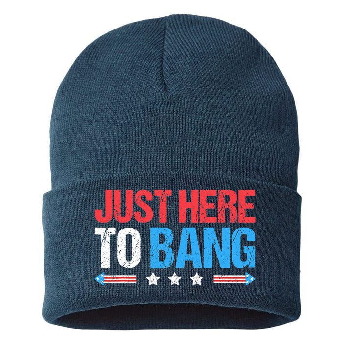 Just Here To Bang Funny Fireworks 4th Of July Sustainable Knit Beanie