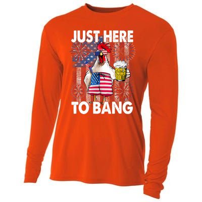 Just Here To Bang Chicken 4th Of July US Flag Firecrackers Cooling Performance Long Sleeve Crew