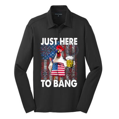 Just Here To Bang Chicken 4th Of July US Flag Firecrackers Silk Touch Performance Long Sleeve Polo