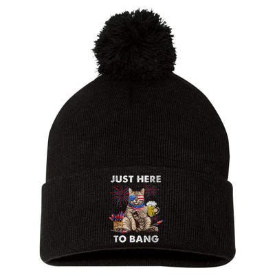 Just Here To Bang USA Flag Funny Beer 4th Of July Cat Lover Pom Pom 12in Knit Beanie