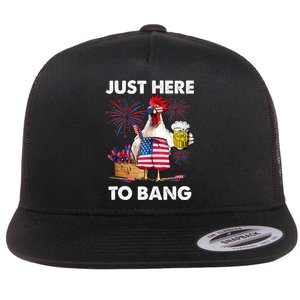 Just Here To Bang USA Flag Funny 4th Of July Chicken Beer Flat Bill Trucker Hat