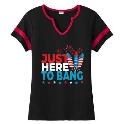 Just Here To Bang Shirt Red White Blue 4th Of July Fireworks Ladies Halftime Notch Neck Tee