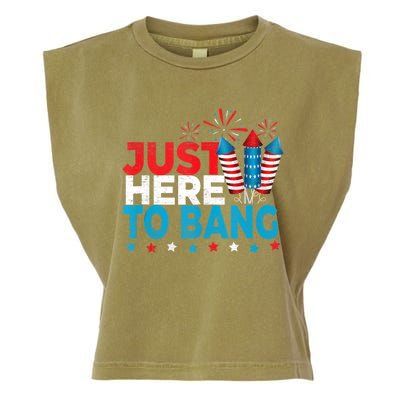 Just Here To Bang Shirt Red White Blue 4th Of July Fireworks Garment-Dyed Women's Muscle Tee