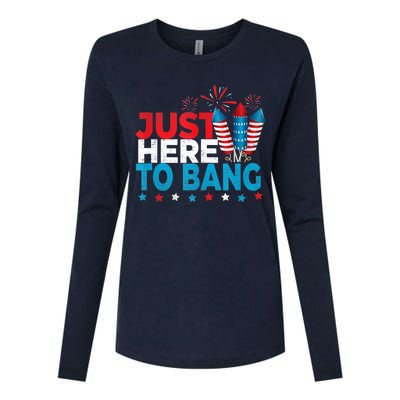 Just Here To Bang Shirt Red White Blue 4th Of July Fireworks Womens Cotton Relaxed Long Sleeve T-Shirt