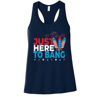 Just Here To Bang Shirt Red White Blue 4th Of July Fireworks Women's Racerback Tank