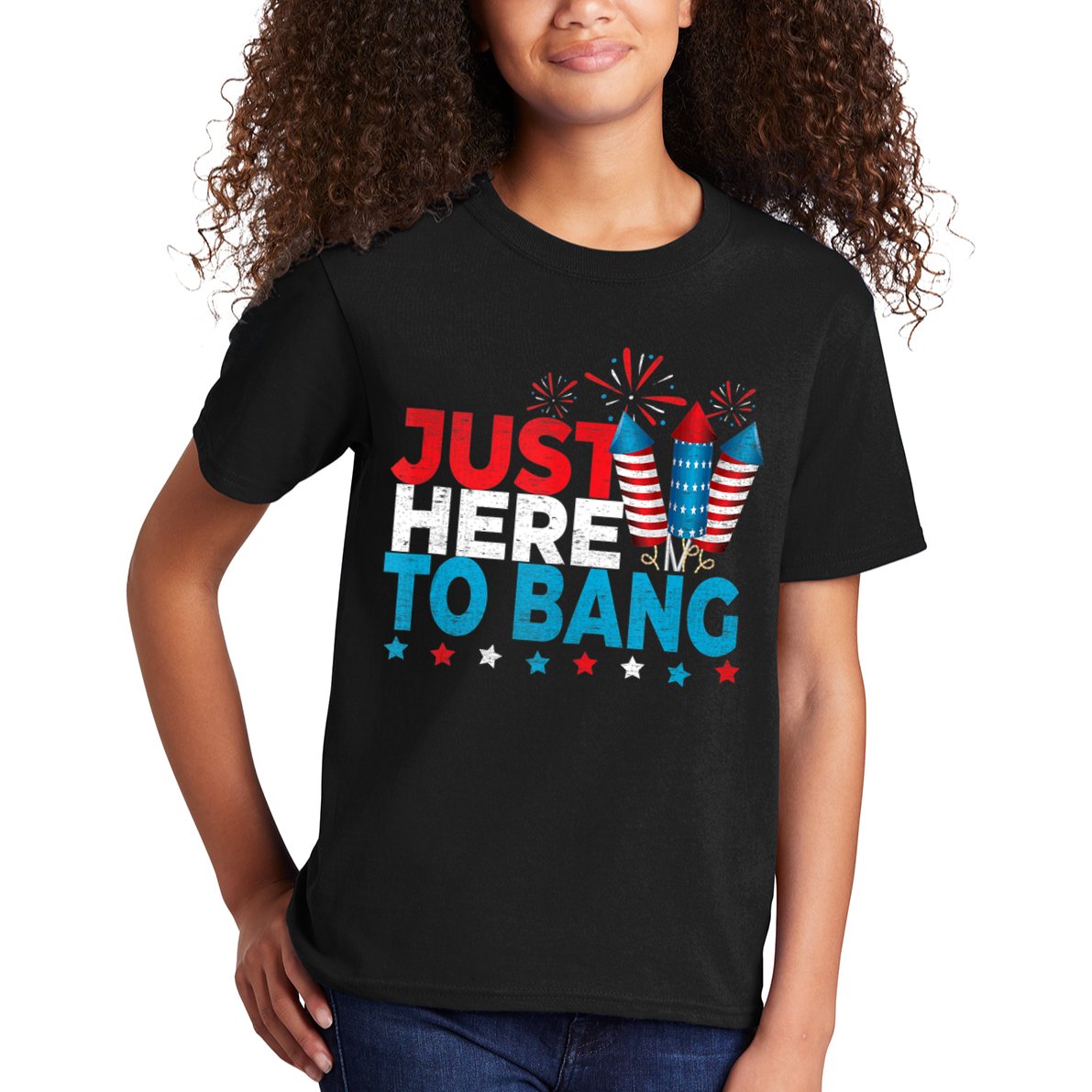 Just Here To Bang Shirt Red White Blue 4th Of July Fireworks Kids T-Shirt