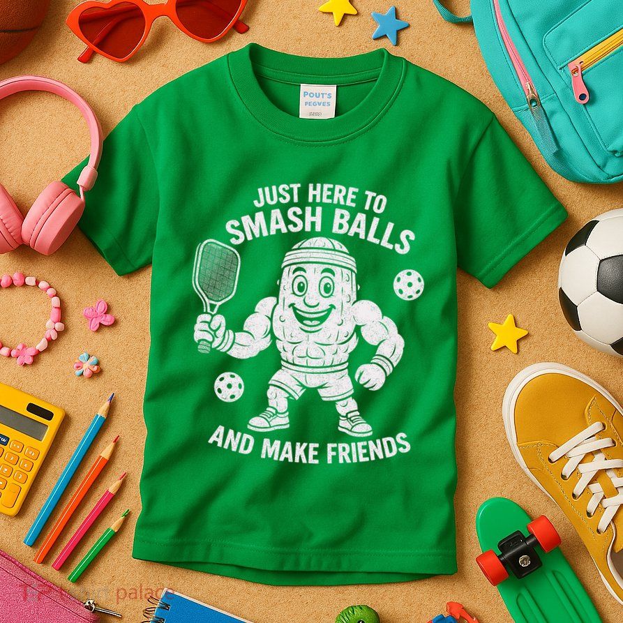 Just Here To Smash Balls And Make Friends Funny Pickleball Kids T-Shirt