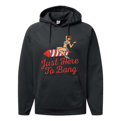 Just Here To Bang Fireworks Funny 4th of July Performance Fleece Hoodie