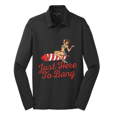 Just Here To Bang Fireworks Funny 4th of July Silk Touch Performance Long Sleeve Polo