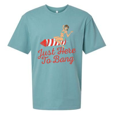 Just Here To Bang Fireworks Funny 4th of July Sueded Cloud Jersey T-Shirt