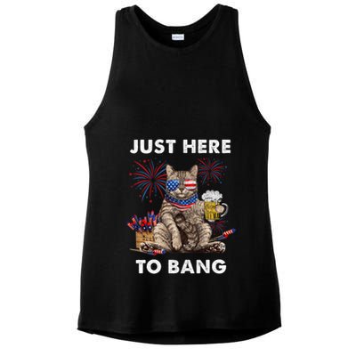 Just Here To Bang Usa Flag Funny Beer 4th Of July Cat Lover Ladies PosiCharge Tri-Blend Wicking Tank