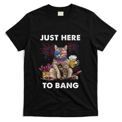 Just Here To Bang Usa Flag Funny Beer 4th Of July Cat Lover T-Shirt