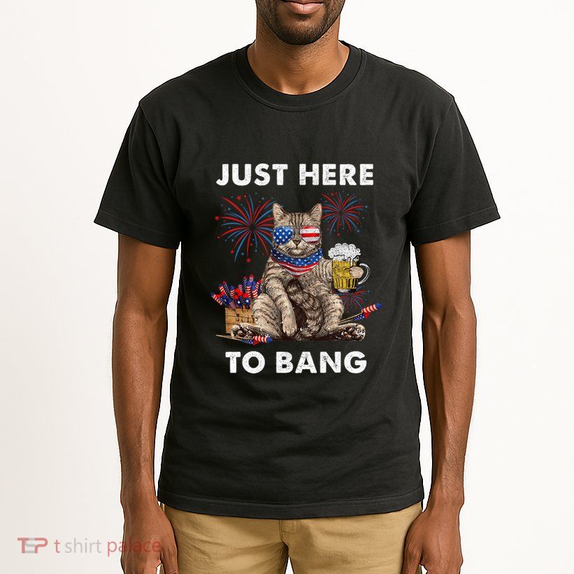 Just Here To Bang Usa Flag Funny Beer 4th Of July Cat Lover Tall T-Shirt