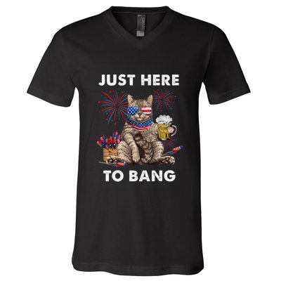 Just Here To Bang Usa Flag Funny Beer 4th Of July Cat Lover V-Neck T-Shirt