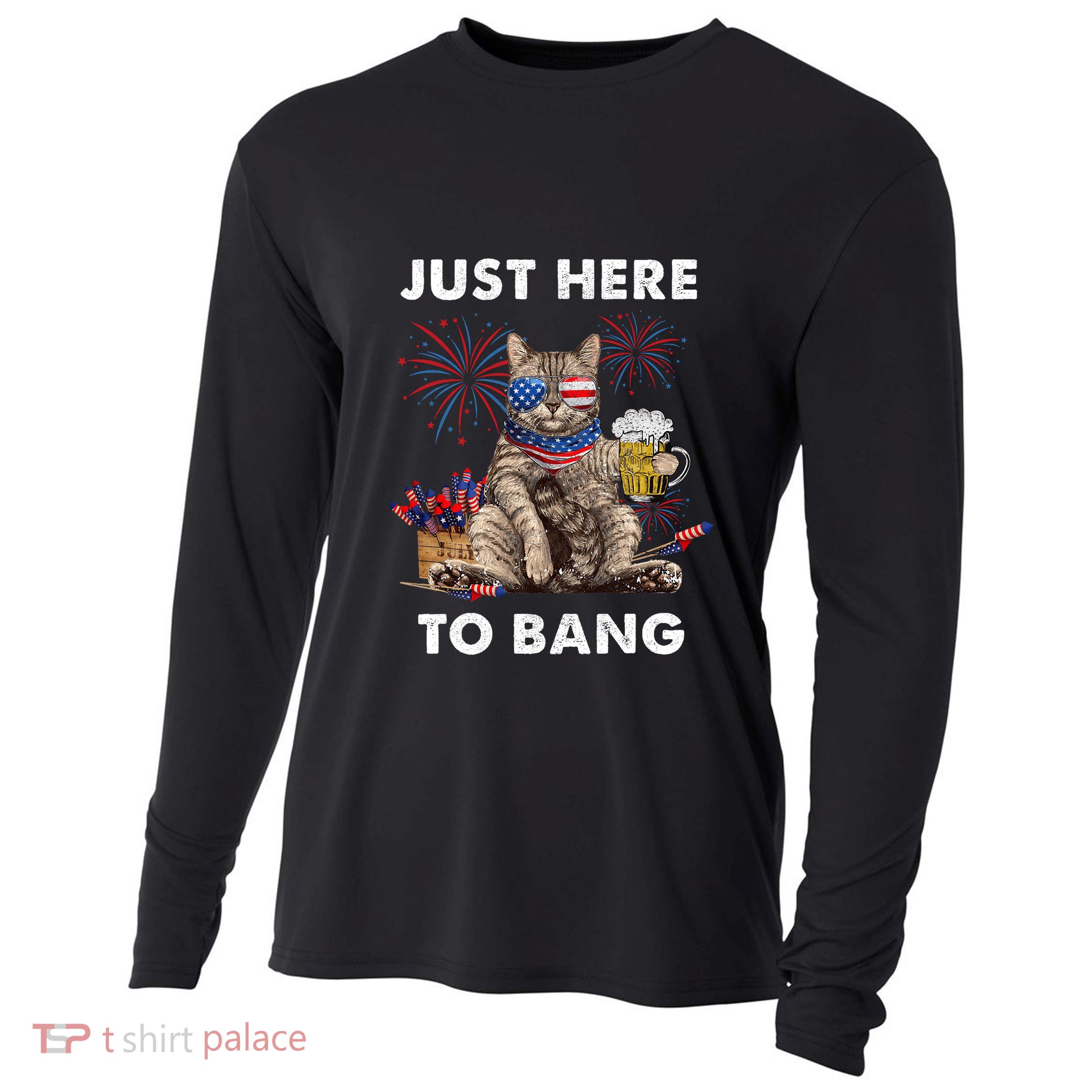 Just Here To Bang Usa Flag Funny Beer 4th Of July Cat Lover Cooling Performance Long Sleeve Crew