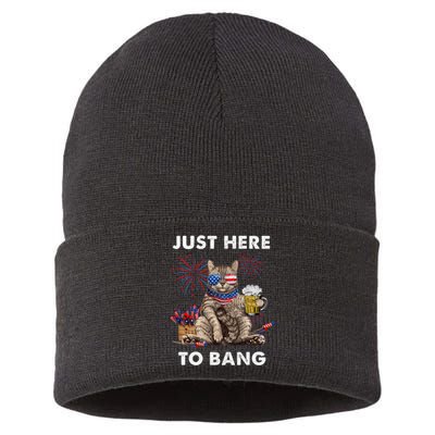 Just Here To Bang Usa Flag Funny Beer 4th Of July Cat Lover Sustainable Knit Beanie