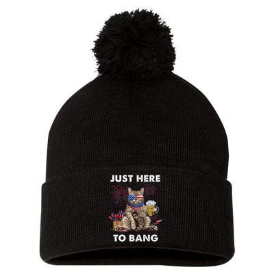 Just Here To Bang Usa Flag Funny Beer 4th Of July Cat Lover Pom Pom 12in Knit Beanie