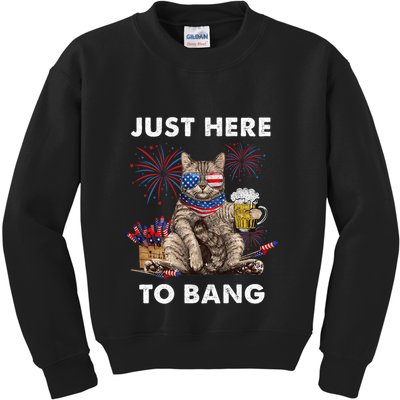 Just Here To Bang Usa Flag Funny Beer 4th Of July Cat Lover Kids Sweatshirt