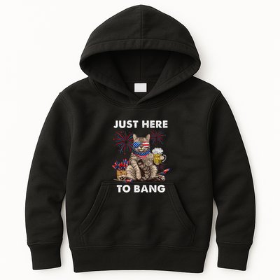 Just Here To Bang Usa Flag Funny Beer 4th Of July Cat Lover Kids Hoodie