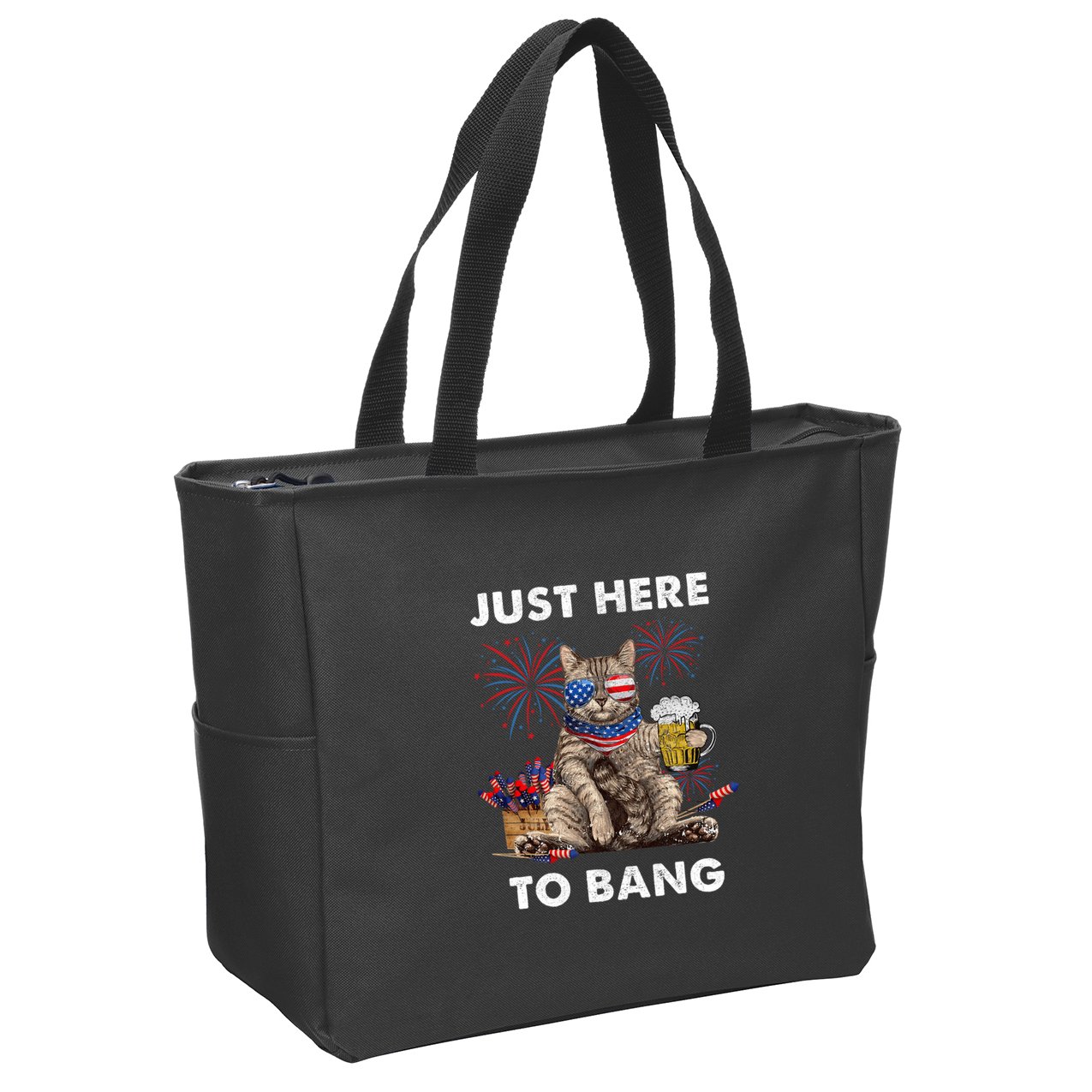 Just Here To Bang Usa Flag Funny Beer 4th Of July Cat Lover Zip Tote Bag