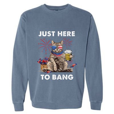 Just Here To Bang Usa Flag Funny Beer 4th Of July Cat Lover Garment-Dyed Sweatshirt