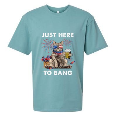 Just Here To Bang Usa Flag Funny Beer 4th Of July Cat Lover Sueded Cloud Jersey T-Shirt